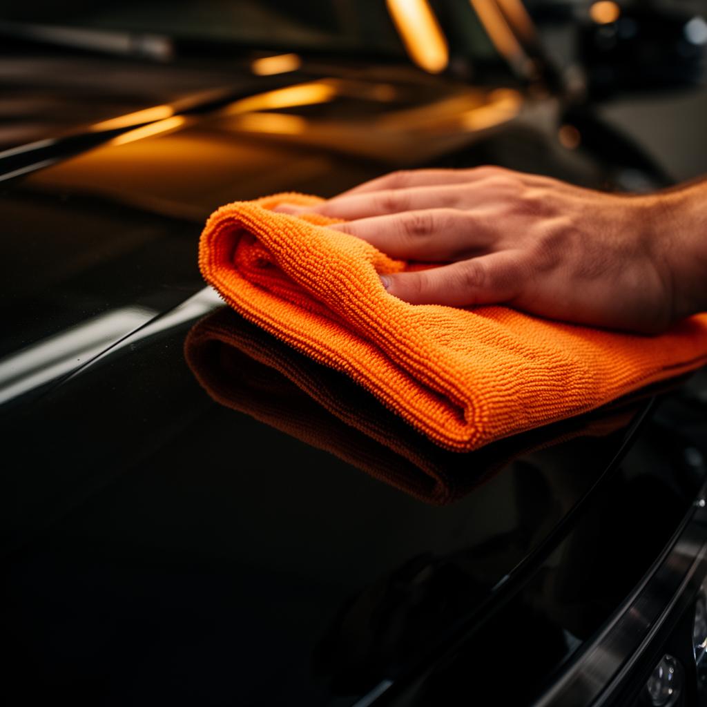Detailer hand-polishing a glossy black car with a microfiber cloth